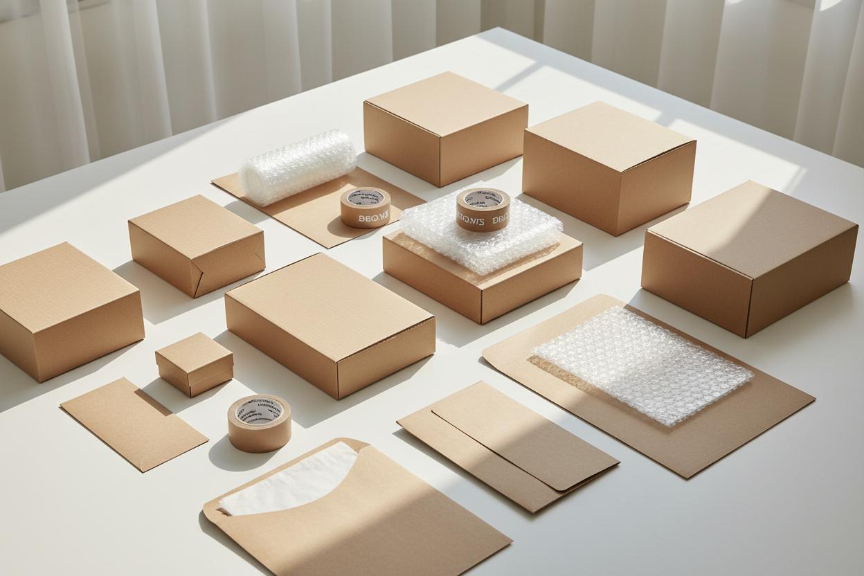 Premium packaging materials flat lay - boxes, tape and bubble wrap